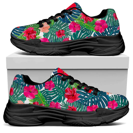 Colorful Hawaii Floral Pattern Print Black Chunky Shoes