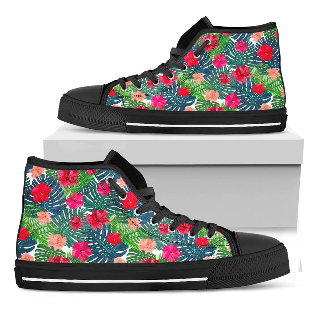 Colorful Hawaii Floral Pattern Print Black High Top Sneakers