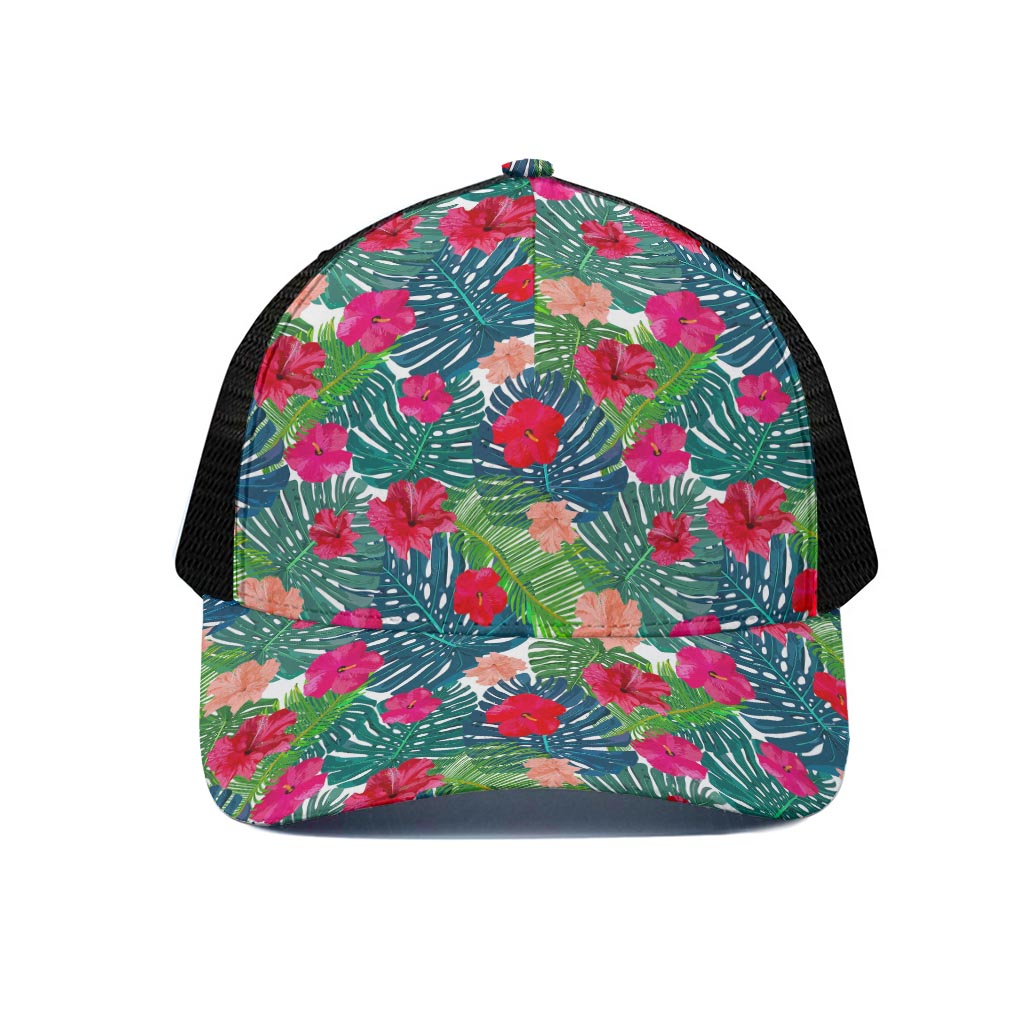 Colorful Hawaii Floral Pattern Print Black Mesh Trucker Cap