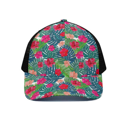 Colorful Hawaii Floral Pattern Print Black Mesh Trucker Cap