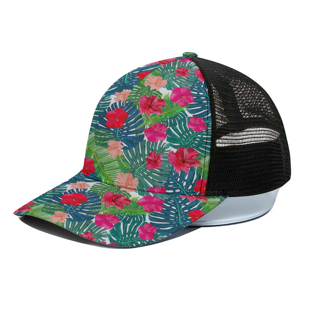 Colorful Hawaii Floral Pattern Print Black Mesh Trucker Cap
