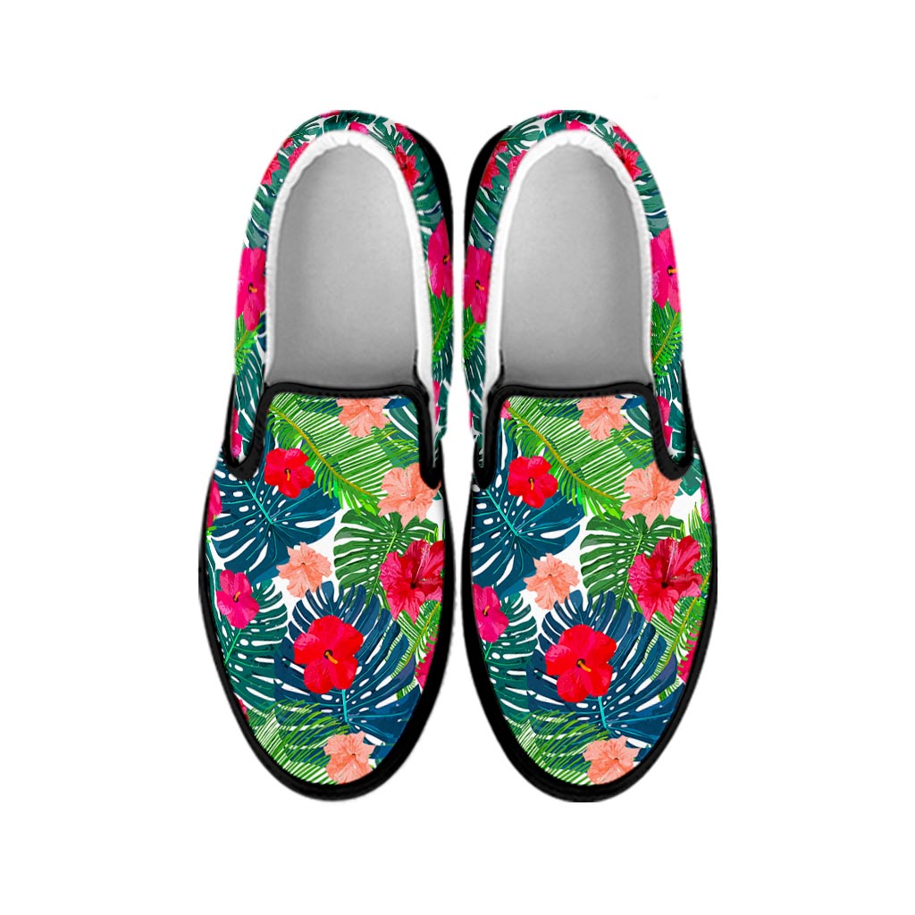 Colorful Hawaii Floral Pattern Print Black Slip On Sneakers