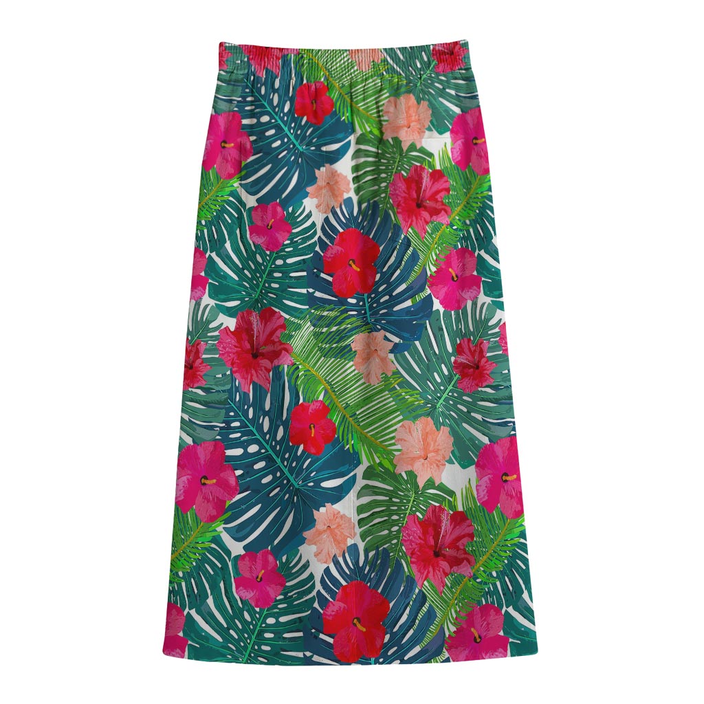 Colorful Hawaii Floral Pattern Print Cotton Front Slit Maxi Skirt