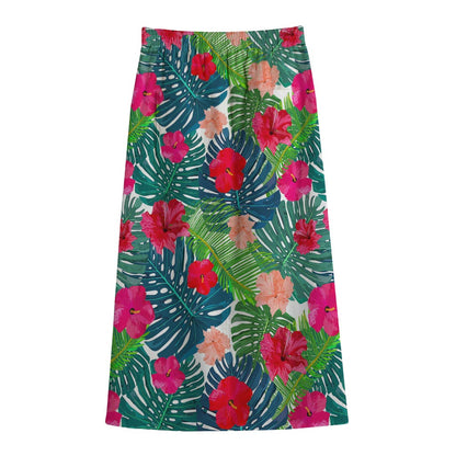 Colorful Hawaii Floral Pattern Print Cotton Front Slit Maxi Skirt