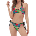 Colorful Hawaii Floral Pattern Print Halter Scoop Tie Side Bikini