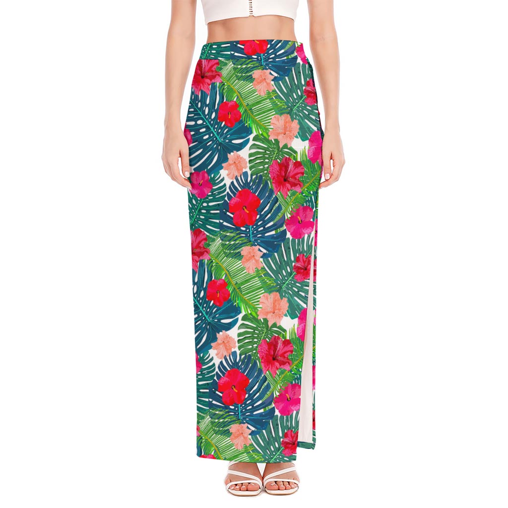Colorful Hawaii Floral Pattern Print High Slit Maxi Skirt