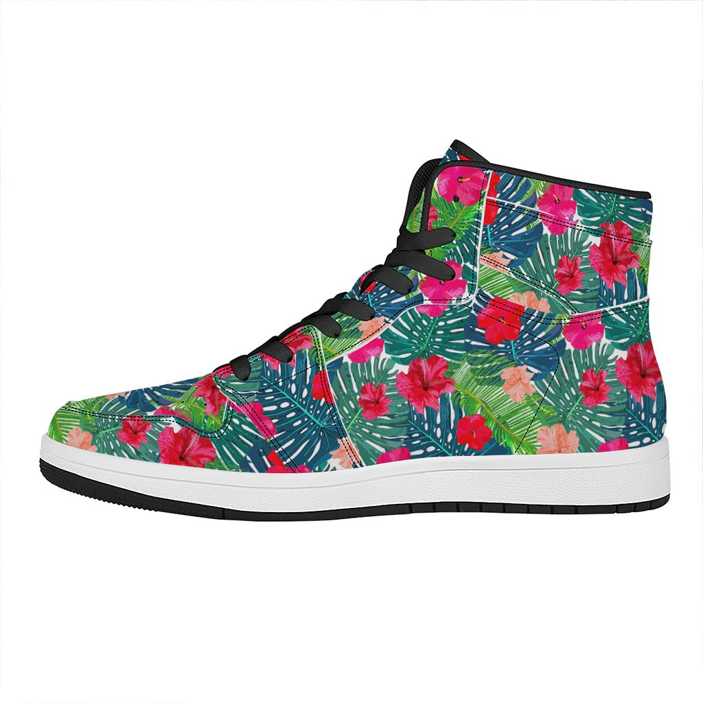 Colorful Hawaii Floral Pattern Print High Top Leather Sneakers