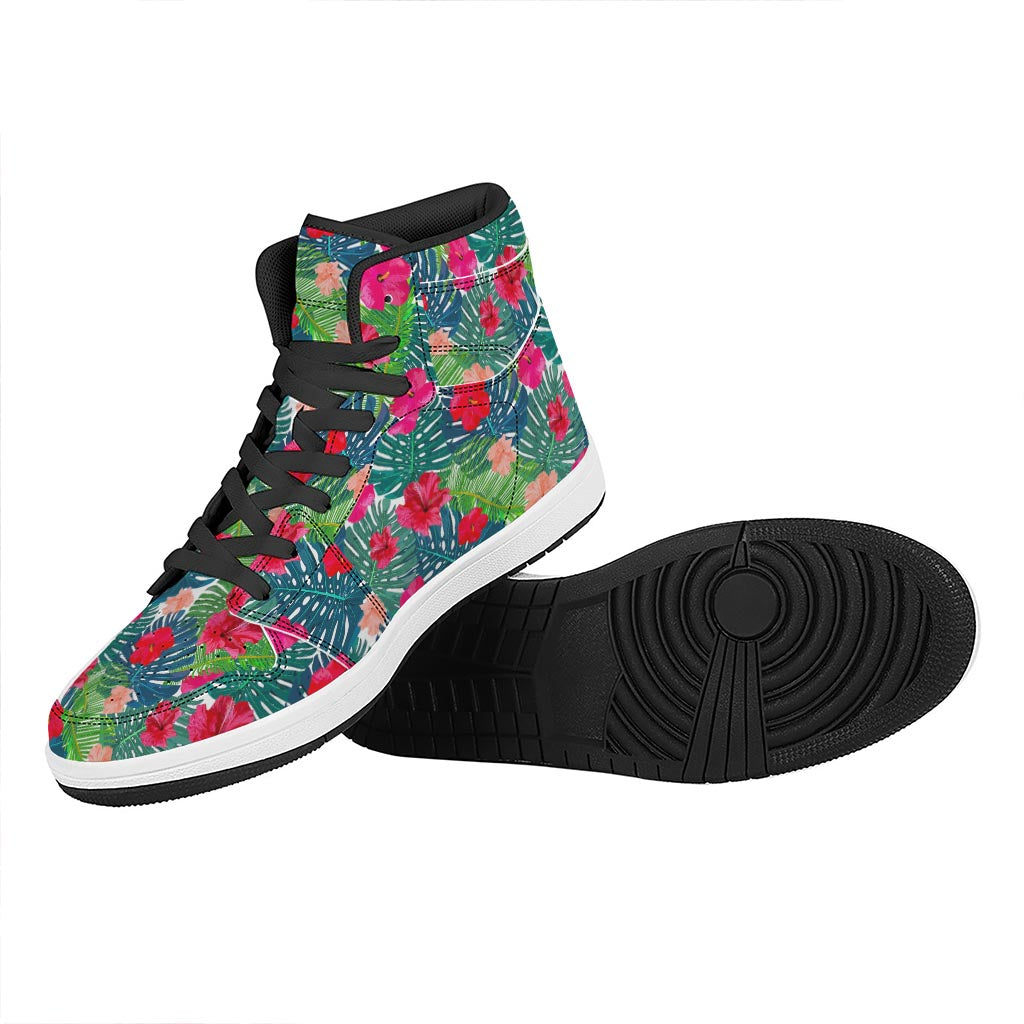 Colorful Hawaii Floral Pattern Print High Top Leather Sneakers