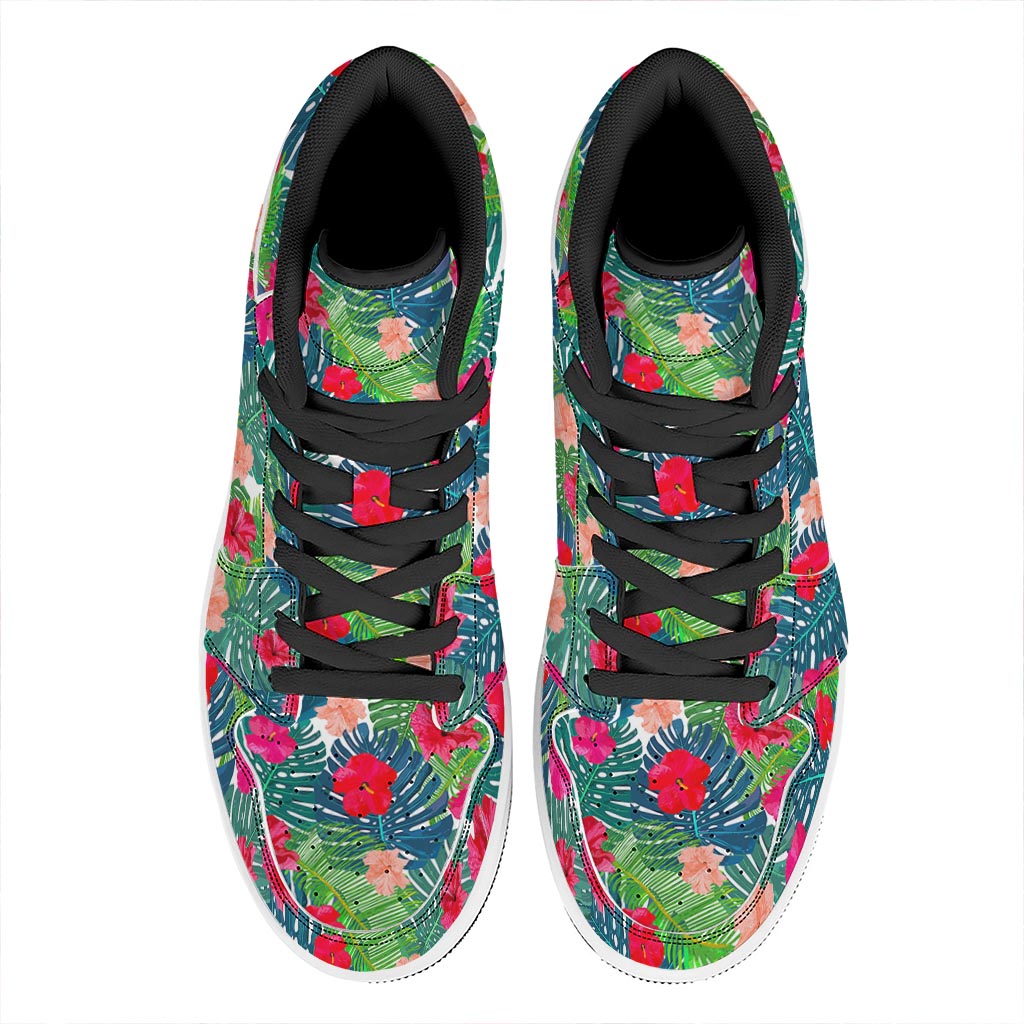 Colorful Hawaii Floral Pattern Print High Top Leather Sneakers