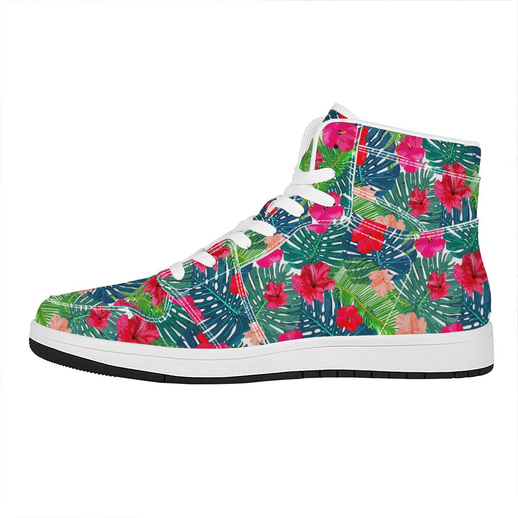 Colorful Hawaii Floral Pattern Print High Top Leather Sneakers