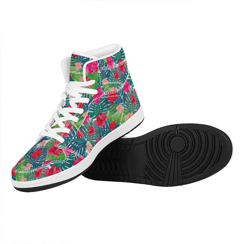 Colorful Hawaii Floral Pattern Print High Top Leather Sneakers