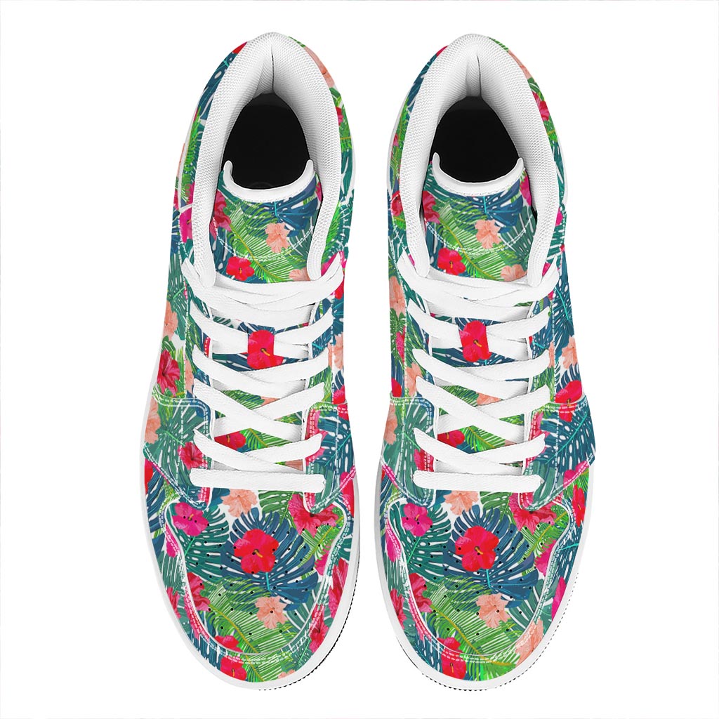 Colorful Hawaii Floral Pattern Print High Top Leather Sneakers