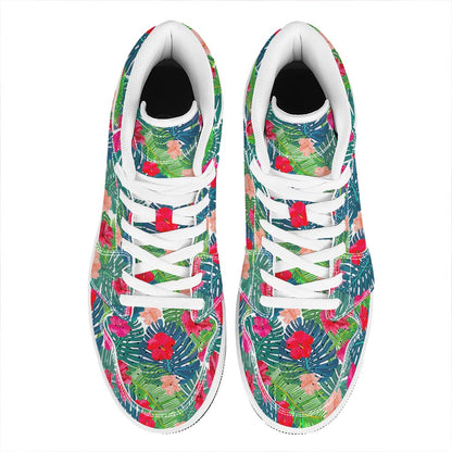 Colorful Hawaii Floral Pattern Print High Top Leather Sneakers