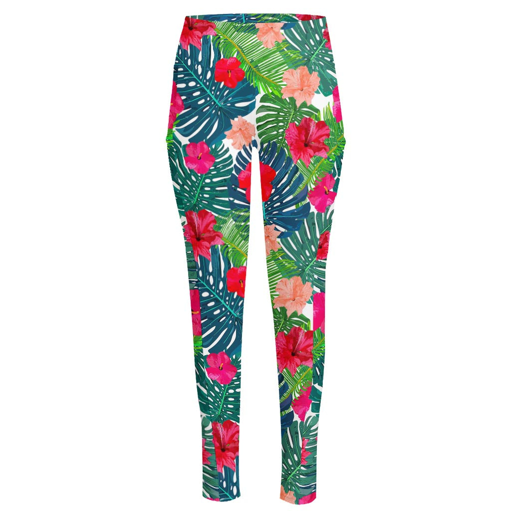Colorful Hawaii Floral Pattern Print High-Waisted Pocket Leggings