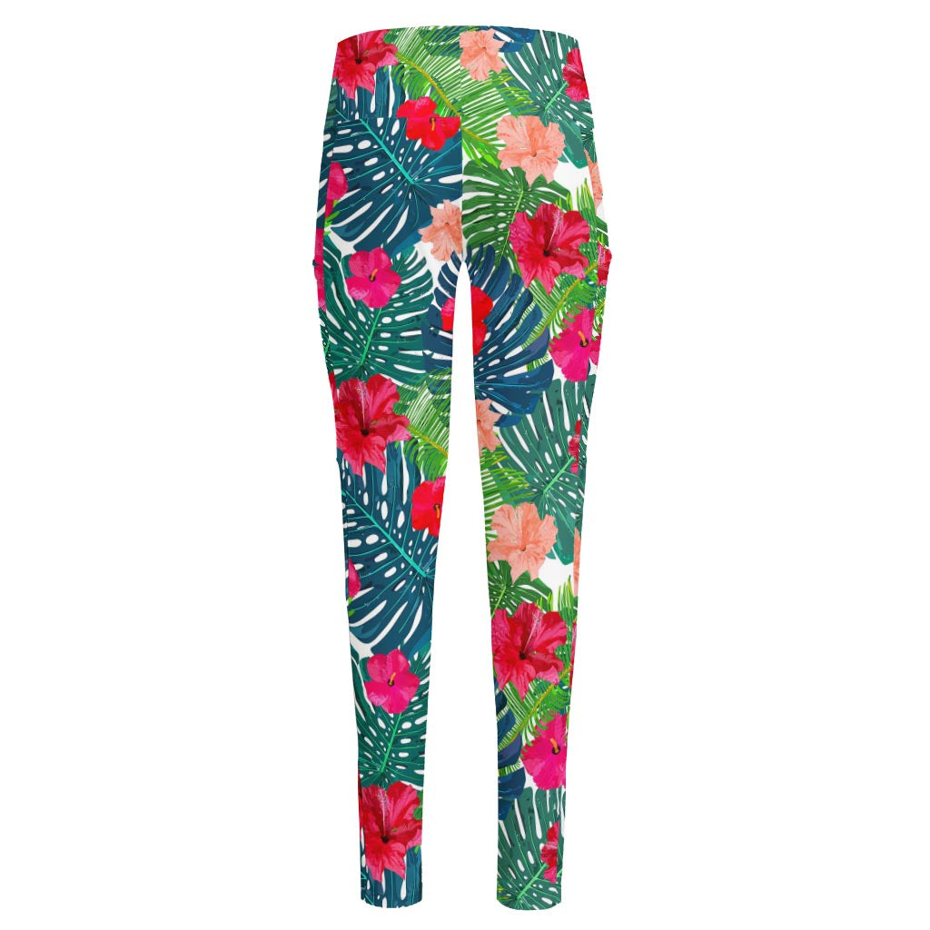 Colorful Hawaii Floral Pattern Print High-Waisted Pocket Leggings