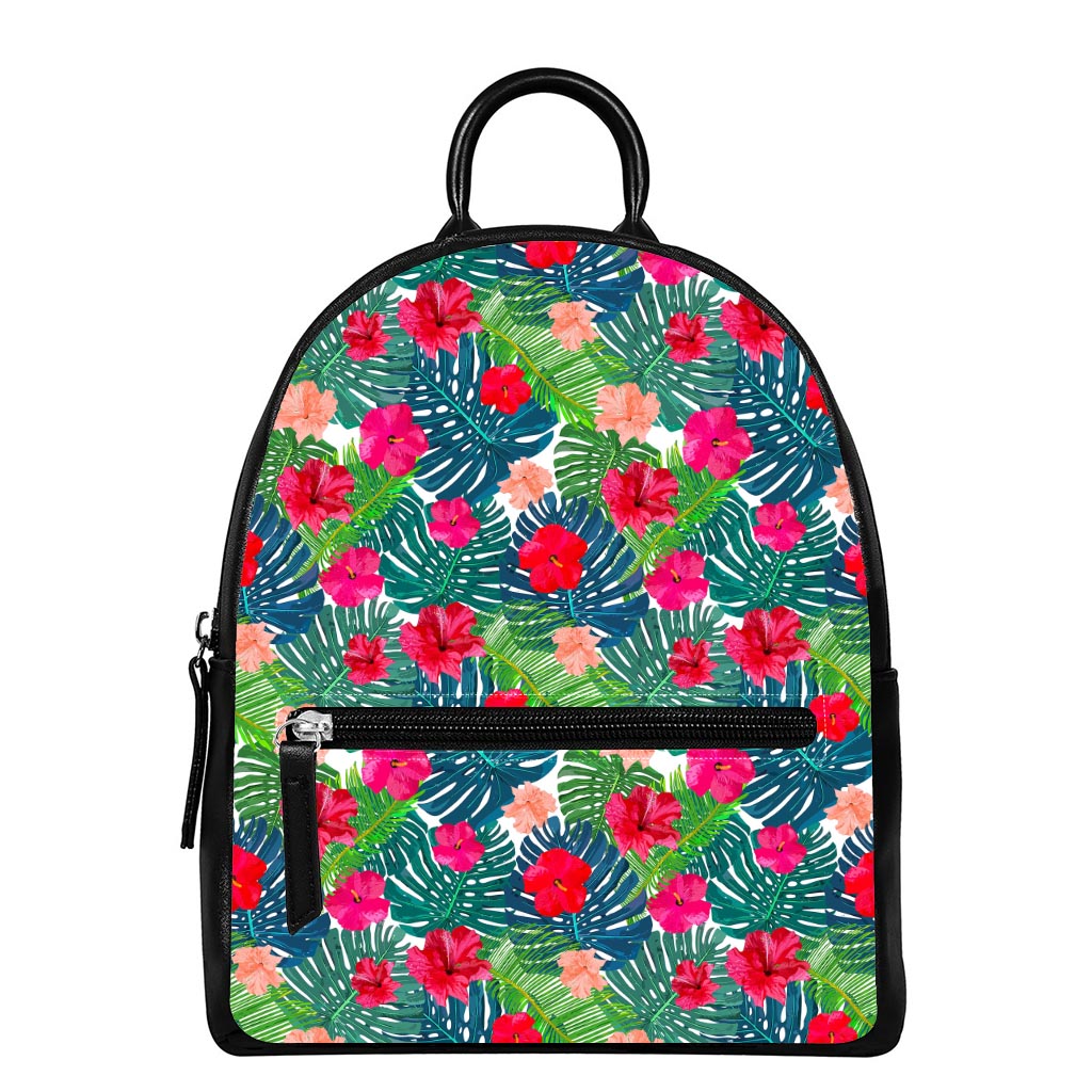 Colorful Hawaii Floral Pattern Print Leather Backpack