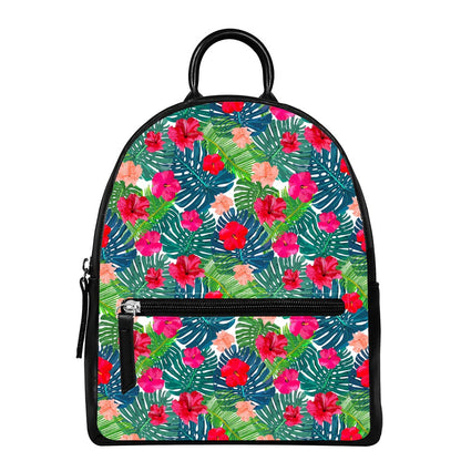 Colorful Hawaii Floral Pattern Print Leather Backpack