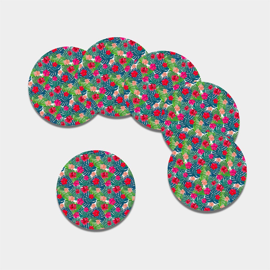 Colorful Hawaii Floral Pattern Print Leather Coaster Set