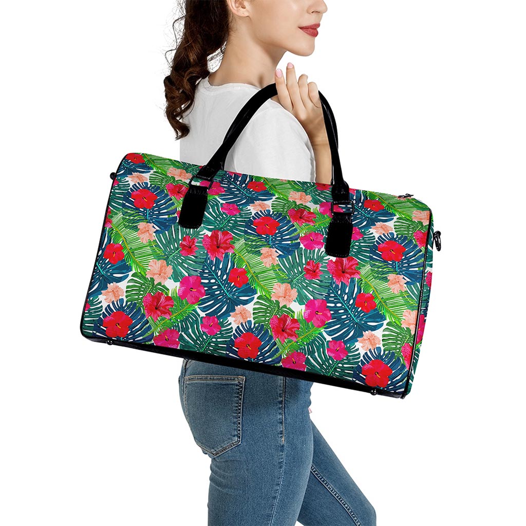 Colorful Hawaii Floral Pattern Print Leather Duffle Bag