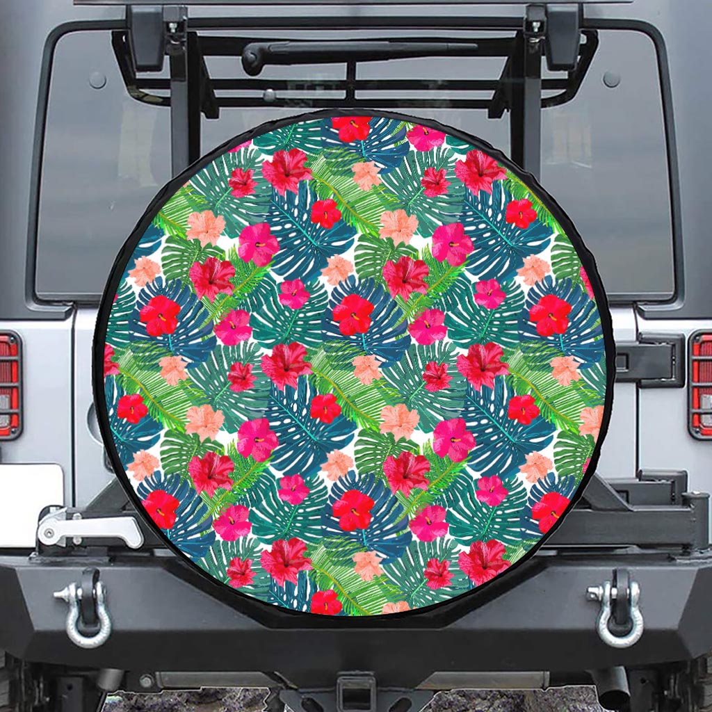 Colorful Hawaii Floral Pattern Print Leather Spare Tire Cover