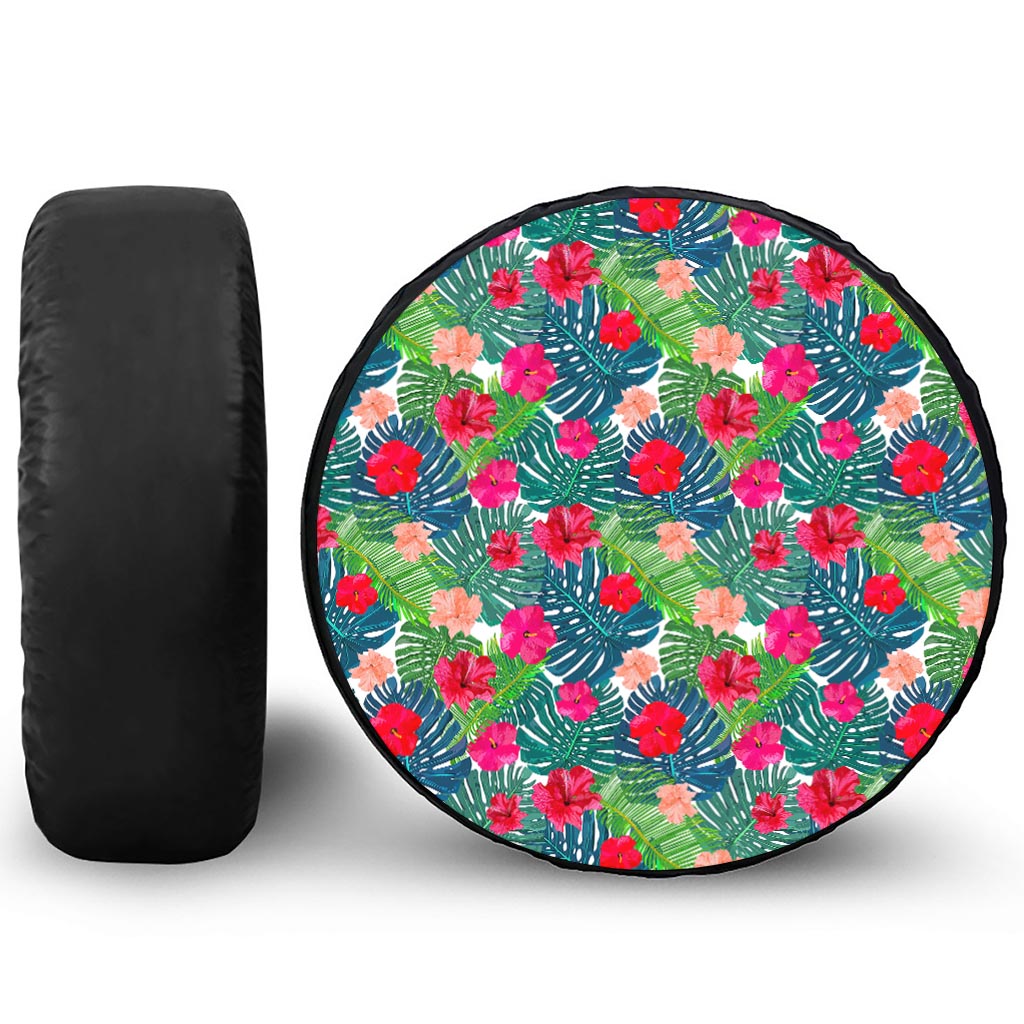 Colorful Hawaii Floral Pattern Print Leather Spare Tire Cover