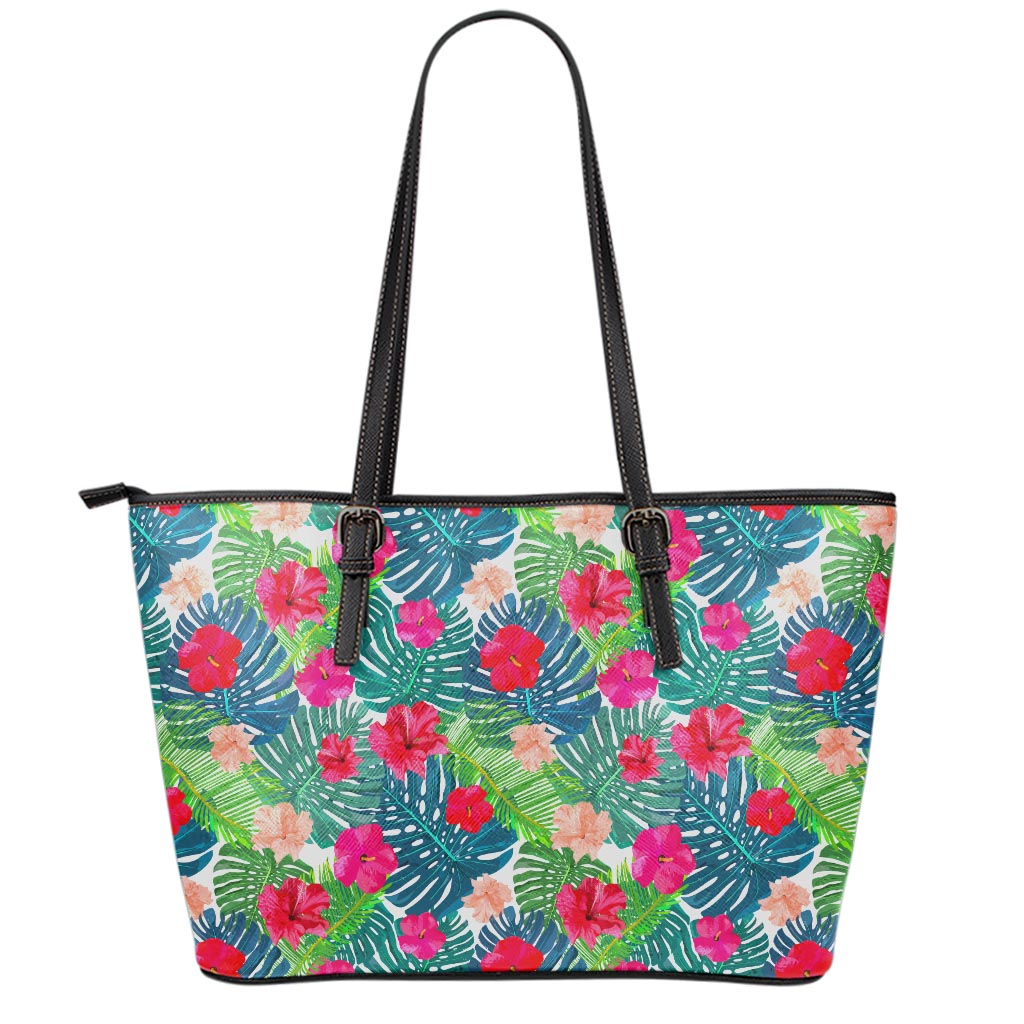 Colorful Hawaii Floral Pattern Print Leather Tote Bag