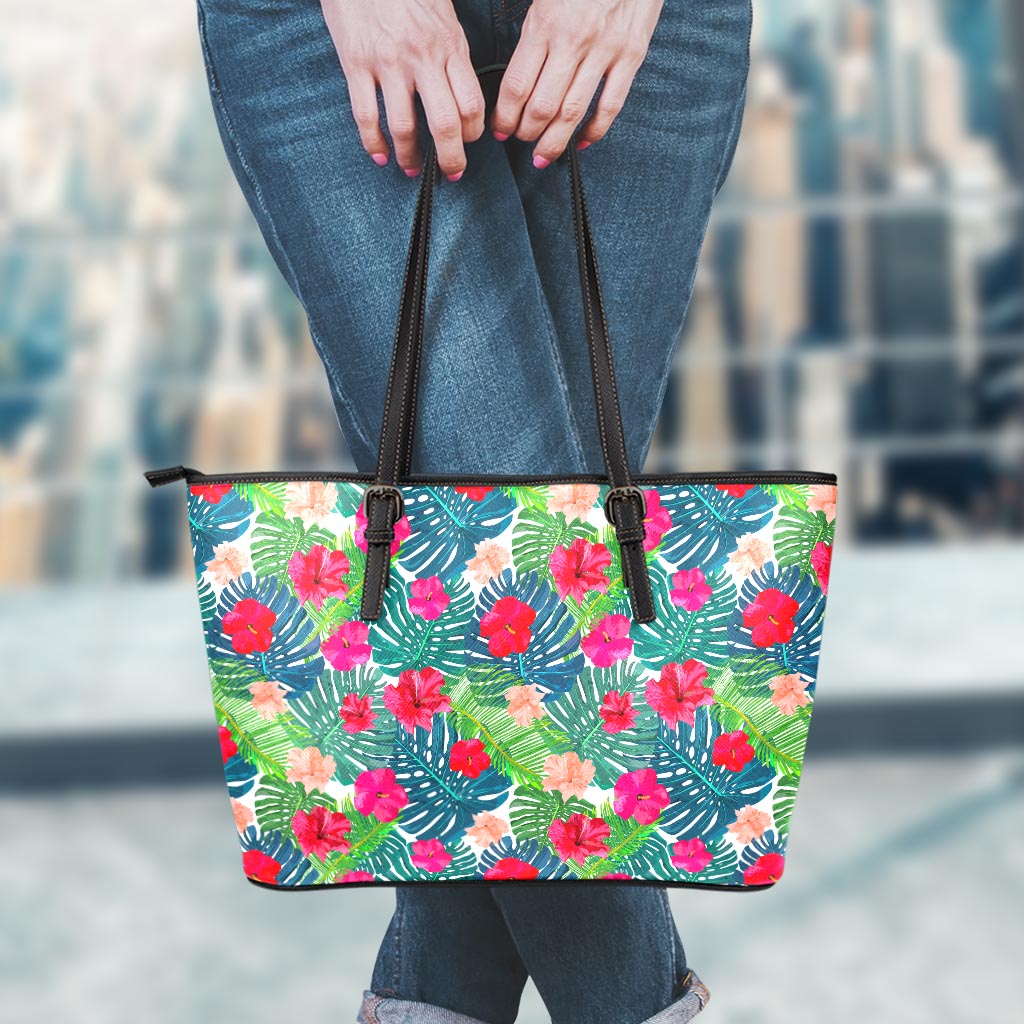 Colorful Hawaii Floral Pattern Print Leather Tote Bag