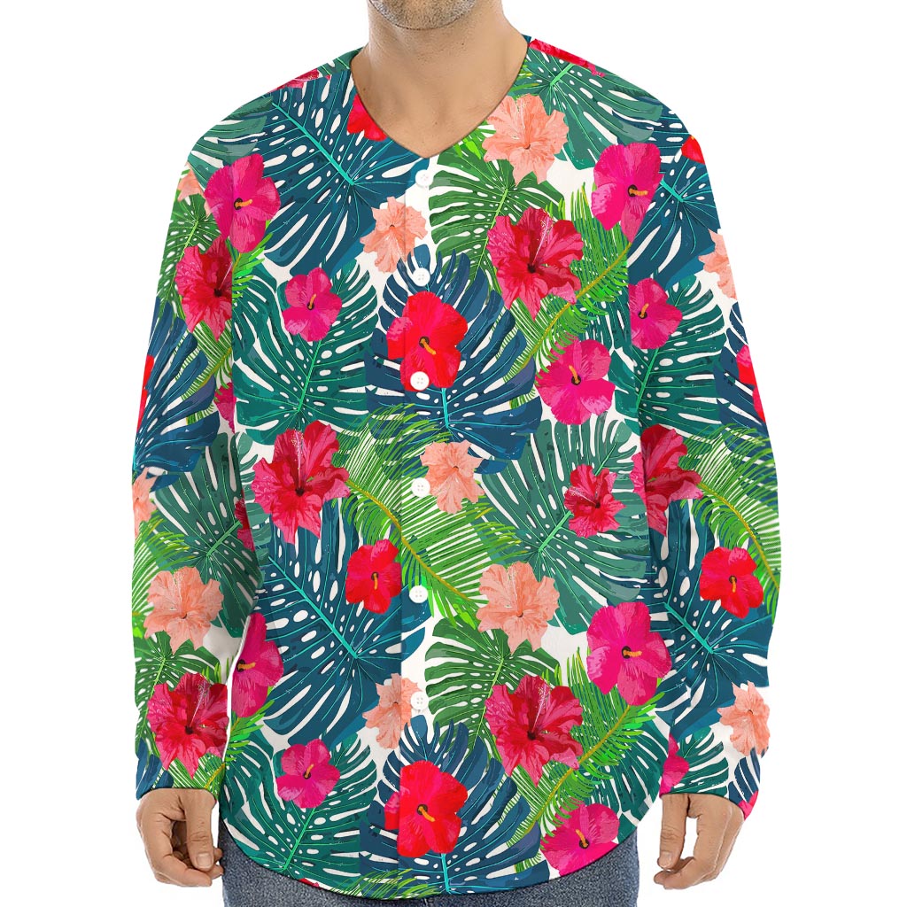 Colorful Hawaii Floral Pattern Print Long Sleeve Baseball Jersey