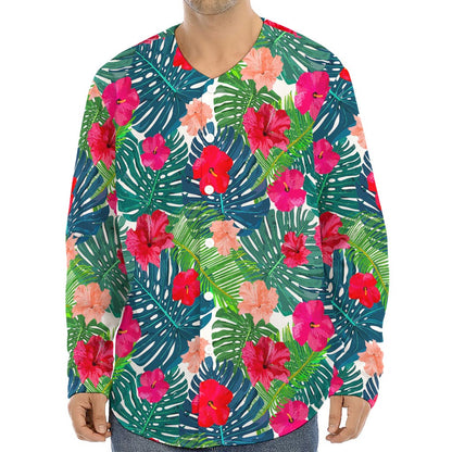 Colorful Hawaii Floral Pattern Print Long Sleeve Baseball Jersey