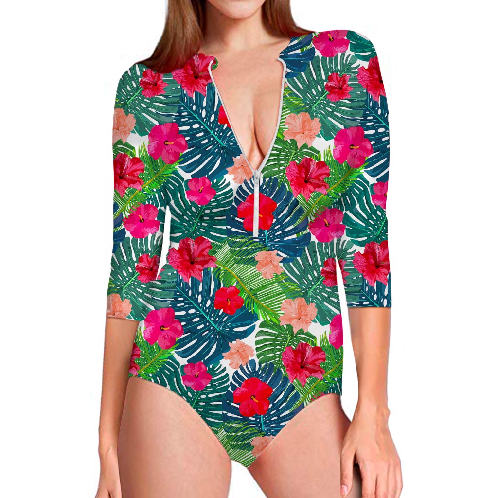 Colorful Hawaii Floral Pattern Print Long Sleeve Swimsuit