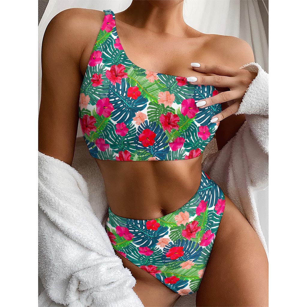 Colorful Hawaii Floral Pattern Print One Shoulder Bikini Top