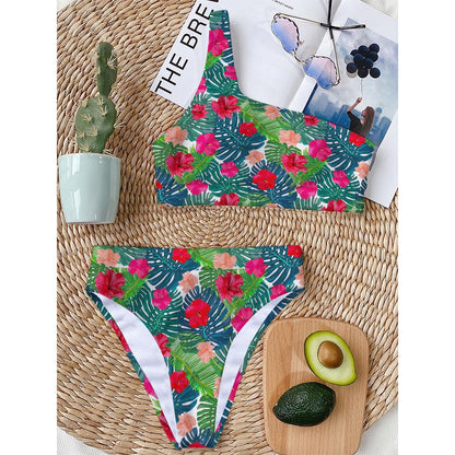 Colorful Hawaii Floral Pattern Print One Shoulder Bikini Top