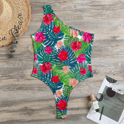 Colorful Hawaii Floral Pattern Print One Shoulder Bodysuit