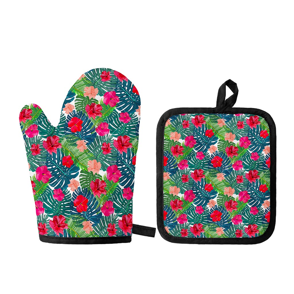 Colorful Hawaii Floral Pattern Print Oven Mitt And Pot Holder Set