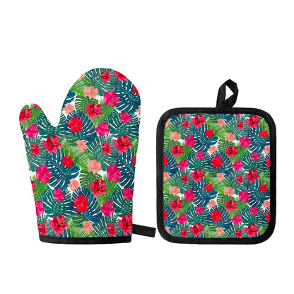 Colorful Hawaii Floral Pattern Print Oven Mitt And Pot Holder Set