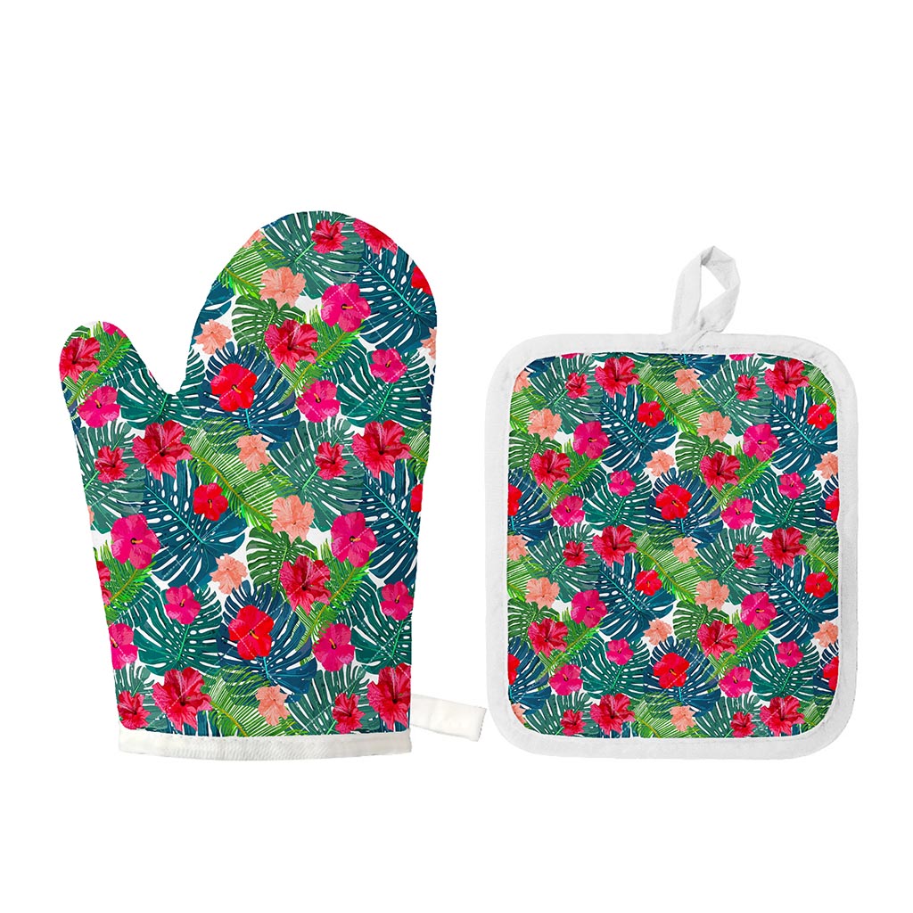 Colorful Hawaii Floral Pattern Print Oven Mitt And Pot Holder Set