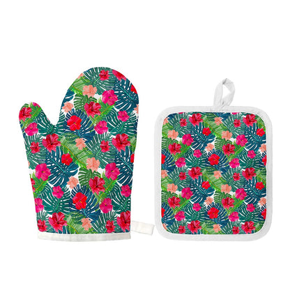Colorful Hawaii Floral Pattern Print Oven Mitt And Pot Holder Set