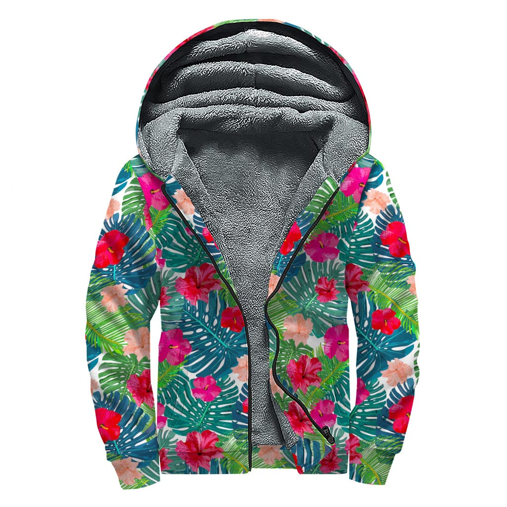 Colorful Hawaii Floral Pattern Print Sherpa Lined Zip Up Hoodie