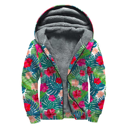 Colorful Hawaii Floral Pattern Print Sherpa Lined Zip Up Hoodie