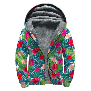 Colorful Hawaii Floral Pattern Print Sherpa Lined Zip Up Hoodie