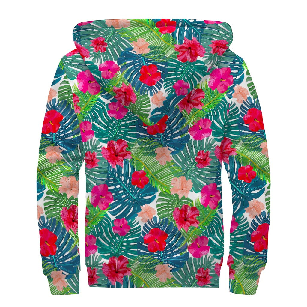 Colorful Hawaii Floral Pattern Print Sherpa Lined Zip Up Hoodie