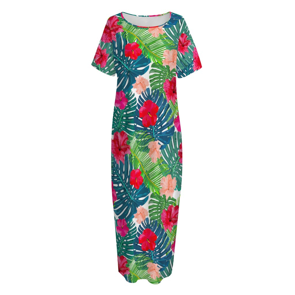 Colorful Hawaii Floral Pattern Print Short Sleeve Long Nightdress