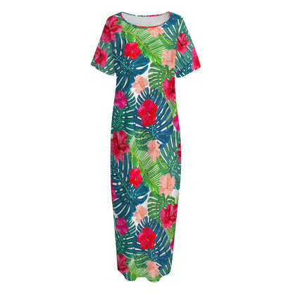 Colorful Hawaii Floral Pattern Print Short Sleeve Long Nightdress