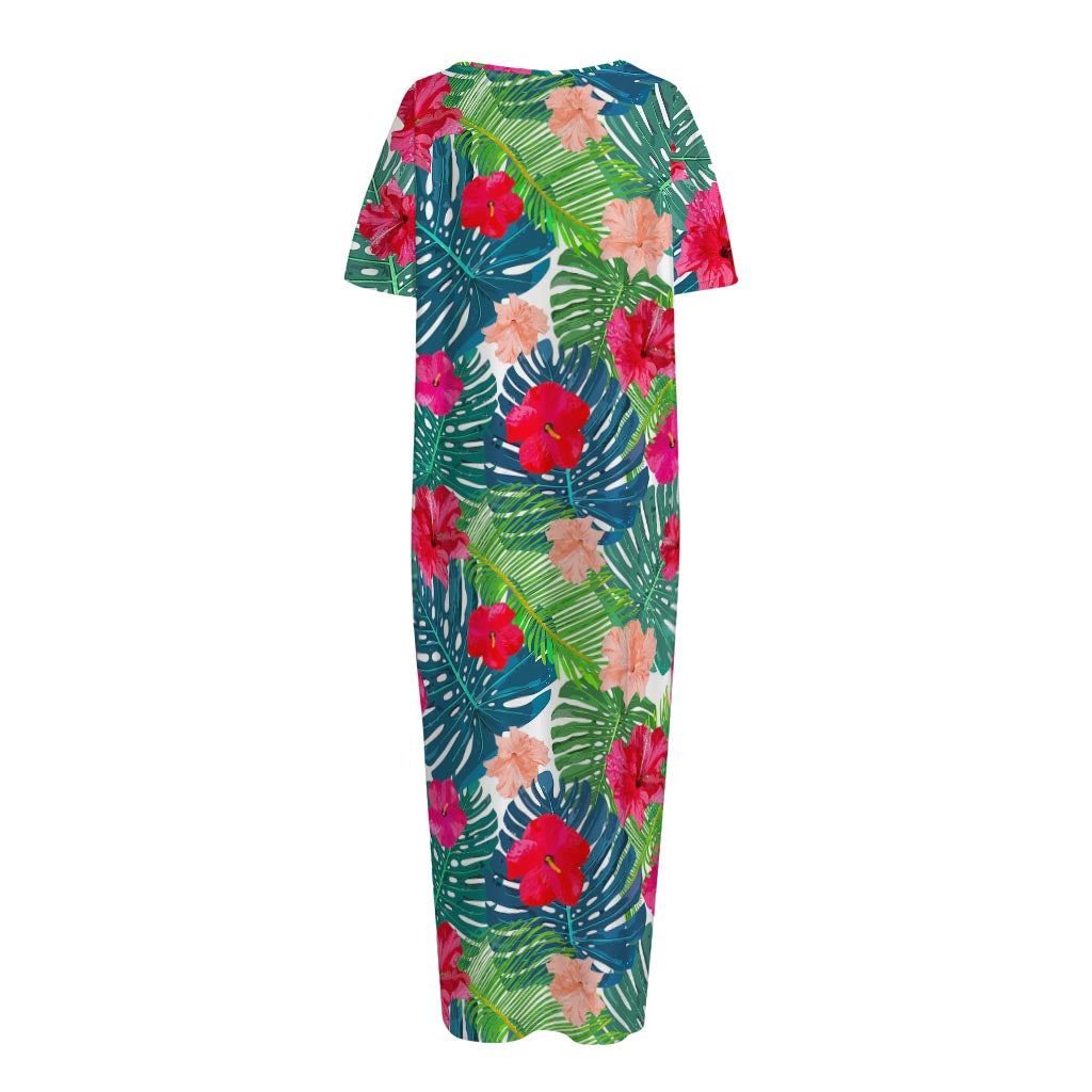Colorful Hawaii Floral Pattern Print Short Sleeve Long Nightdress