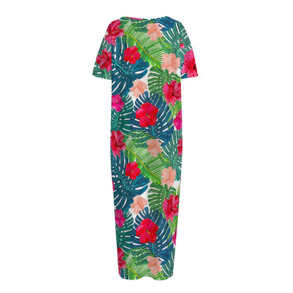 Colorful Hawaii Floral Pattern Print Short Sleeve Long Nightdress