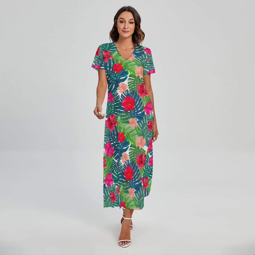 Colorful Hawaii Floral Pattern Print Short Sleeve Maxi Dress