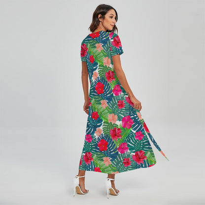 Colorful Hawaii Floral Pattern Print Short Sleeve Maxi Dress
