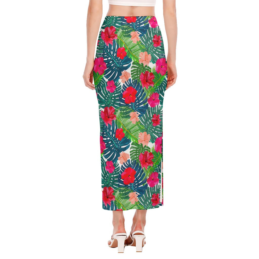 Colorful Hawaii Floral Pattern Print Side Slit Maxi Skirt