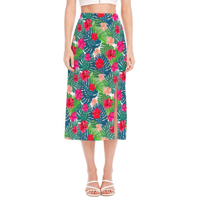 Colorful Hawaii Floral Pattern Print Side Slit Midi Skirt