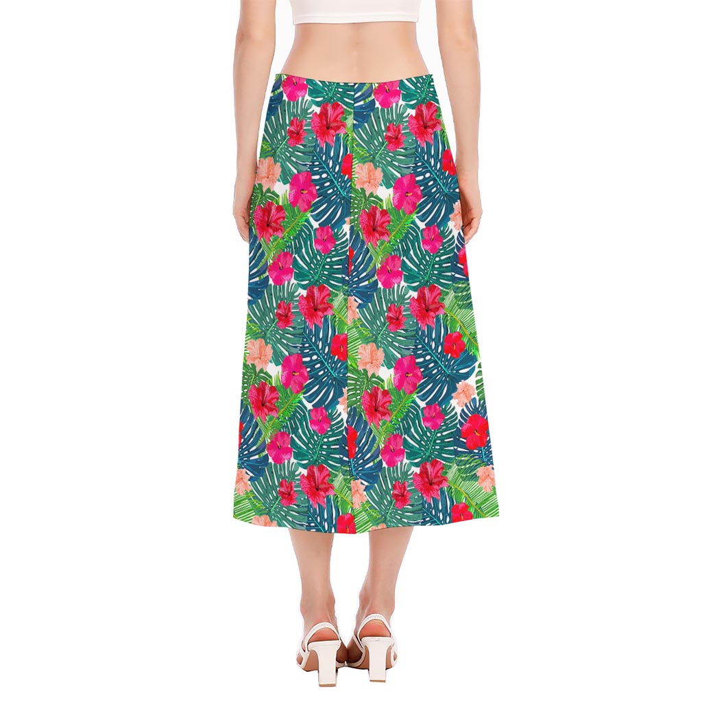 Colorful Hawaii Floral Pattern Print Side Slit Midi Skirt